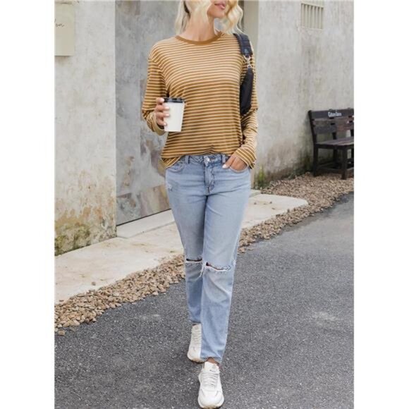 Women's Casual Striped Long Sleeve Tops Crew Neck Knit Basic T Shirts - Picture 6 of 7